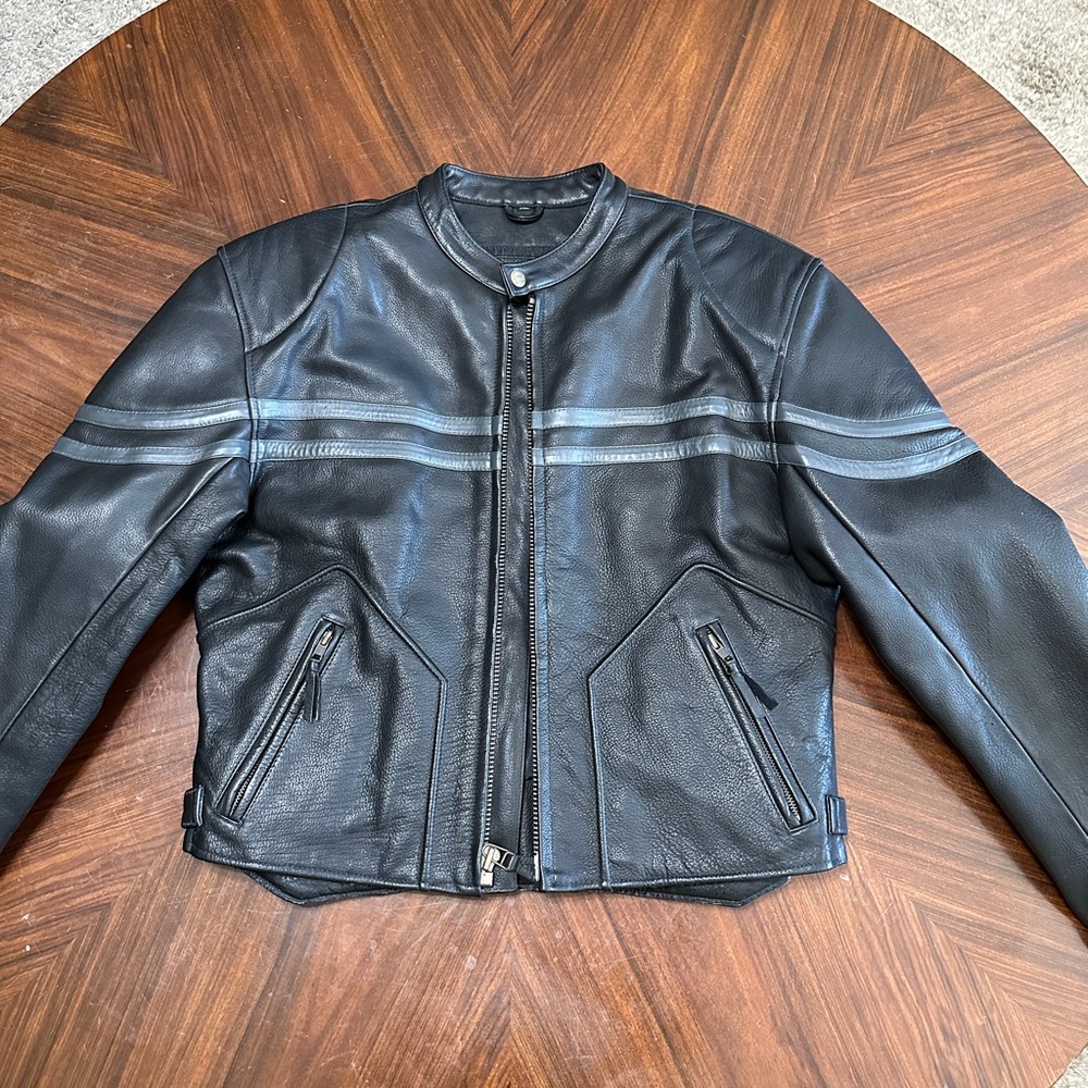 Black leather motorcycle jacket
